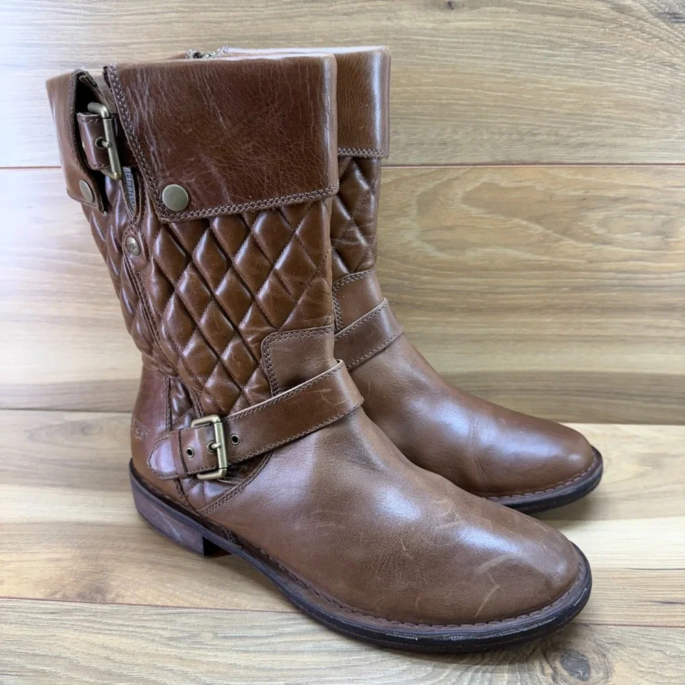 UGG Conor Mid Quilted Leather Boots 10 Buckle Biker Zip Boho Casual Mid Calf